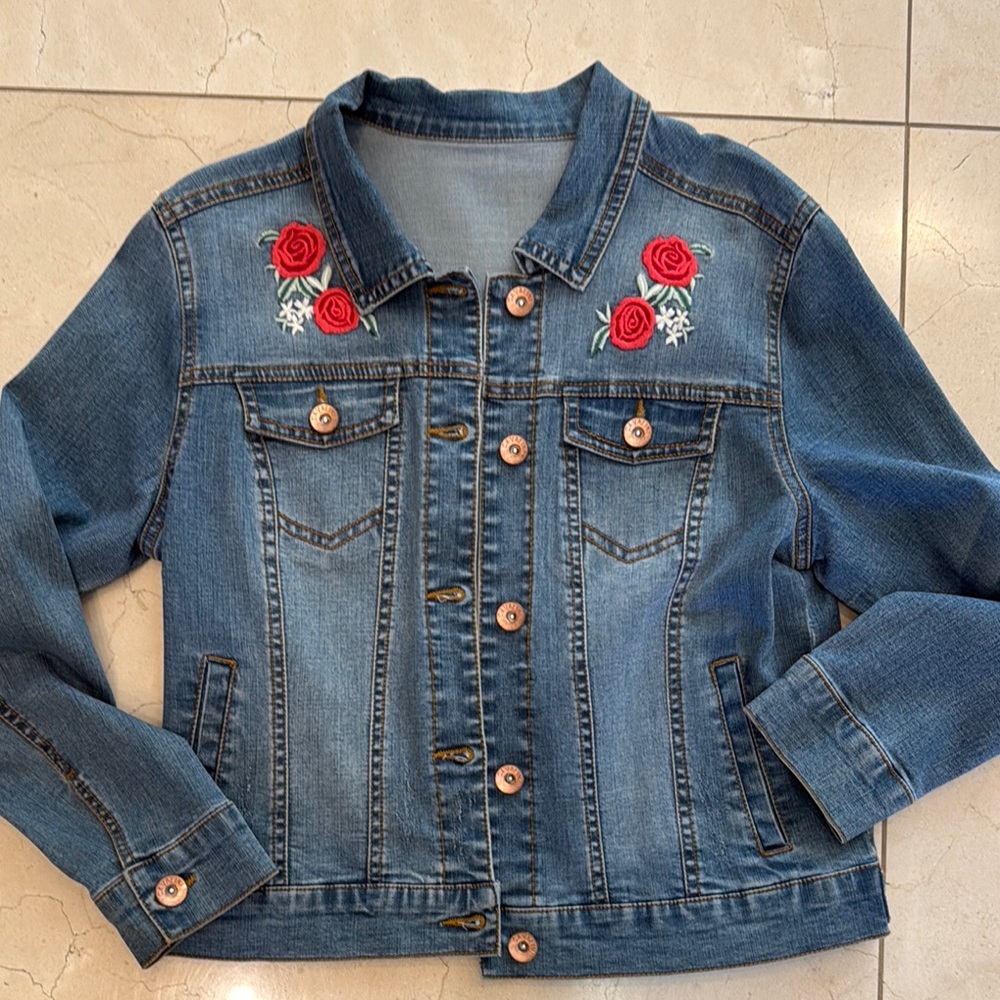 Denim Jacket with Rose Embroidery